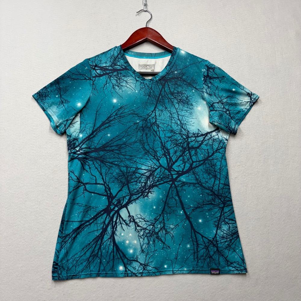 Patagonia Shirt Womens Small Teal Capilene Daily Baselayer Tree Print V-Neck